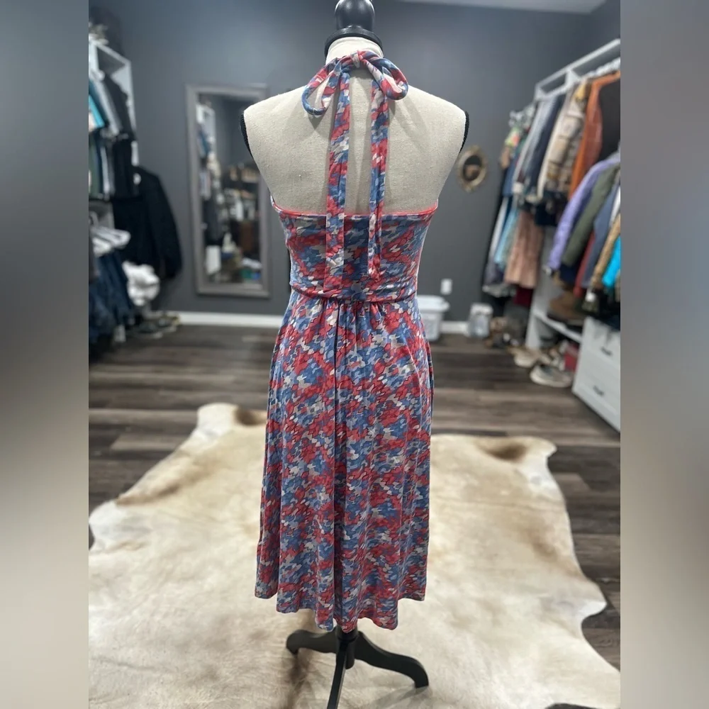 Boden St. Lucia Faux Wrap Tie Halter Dress 6 Long Art Deco Print Red Blue White
